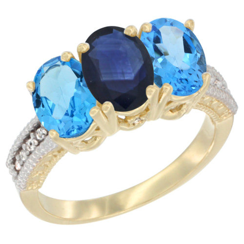 10K Yellow Gold Diamond Natural Blue Sapphire & Swiss Blue Topaz Sides Ring 3-Stone Oval 7x5 mm, sizes 5 - 10