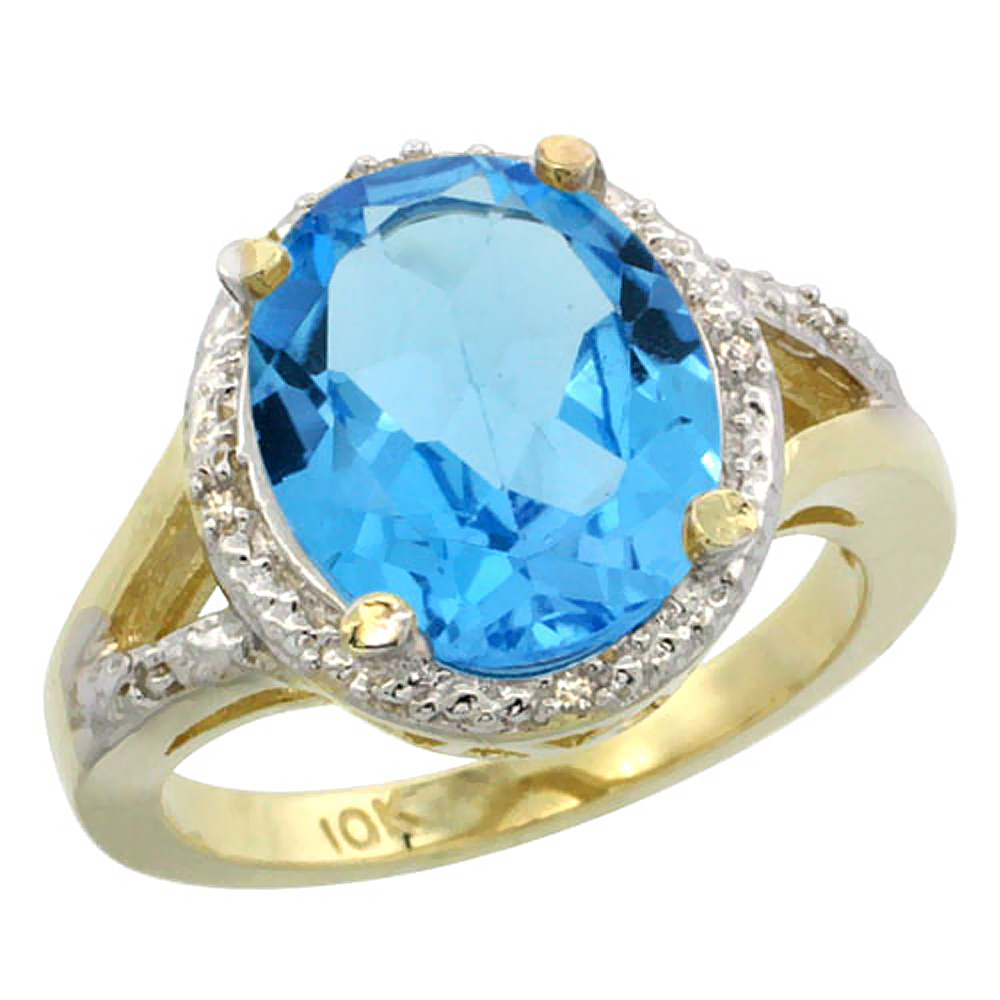 10K Yellow Gold Natural Swiss Blue Topaz Ring Oval 12x10mm Diamond Accent, sizes 5-10