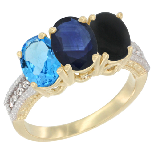 10K Yellow Gold Diamond Natural Swiss Blue Topaz, Blue Sapphire & Black Onyx Ring 3-Stone Oval 7x5 mm, sizes 5 - 10