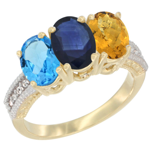 10K Yellow Gold Diamond Natural Swiss Blue Topaz, Blue Sapphire & Whisky Quartz Ring 3-Stone Oval 7x5 mm, sizes 5 - 10