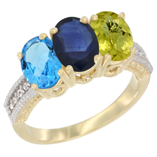 10K Yellow Gold Diamond Natural Swiss Blue Topaz, Blue Sapphire & Lemon Quartz Ring 3-Stone Oval 7x5 mm, sizes 5 - 10