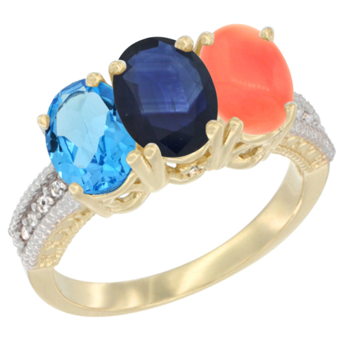 10K Yellow Gold Diamond Natural Swiss Blue Topaz, Blue Sapphire & Coral Ring 3-Stone Oval 7x5 mm, sizes 5 - 10