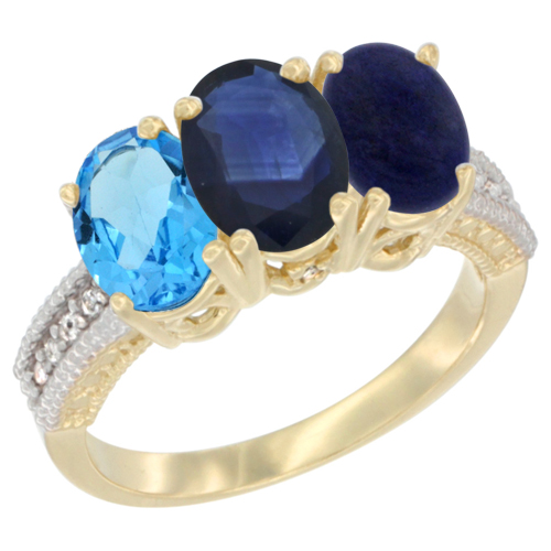 10K Yellow Gold Diamond Natural Swiss Blue Topaz, Blue Sapphire & Lapis Ring 3-Stone Oval 7x5 mm, sizes 5 - 10