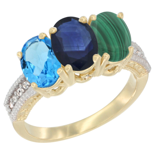 10K Yellow Gold Diamond Natural Swiss Blue Topaz, Blue Sapphire & Malachite Ring 3-Stone Oval 7x5 mm, sizes 5 - 10