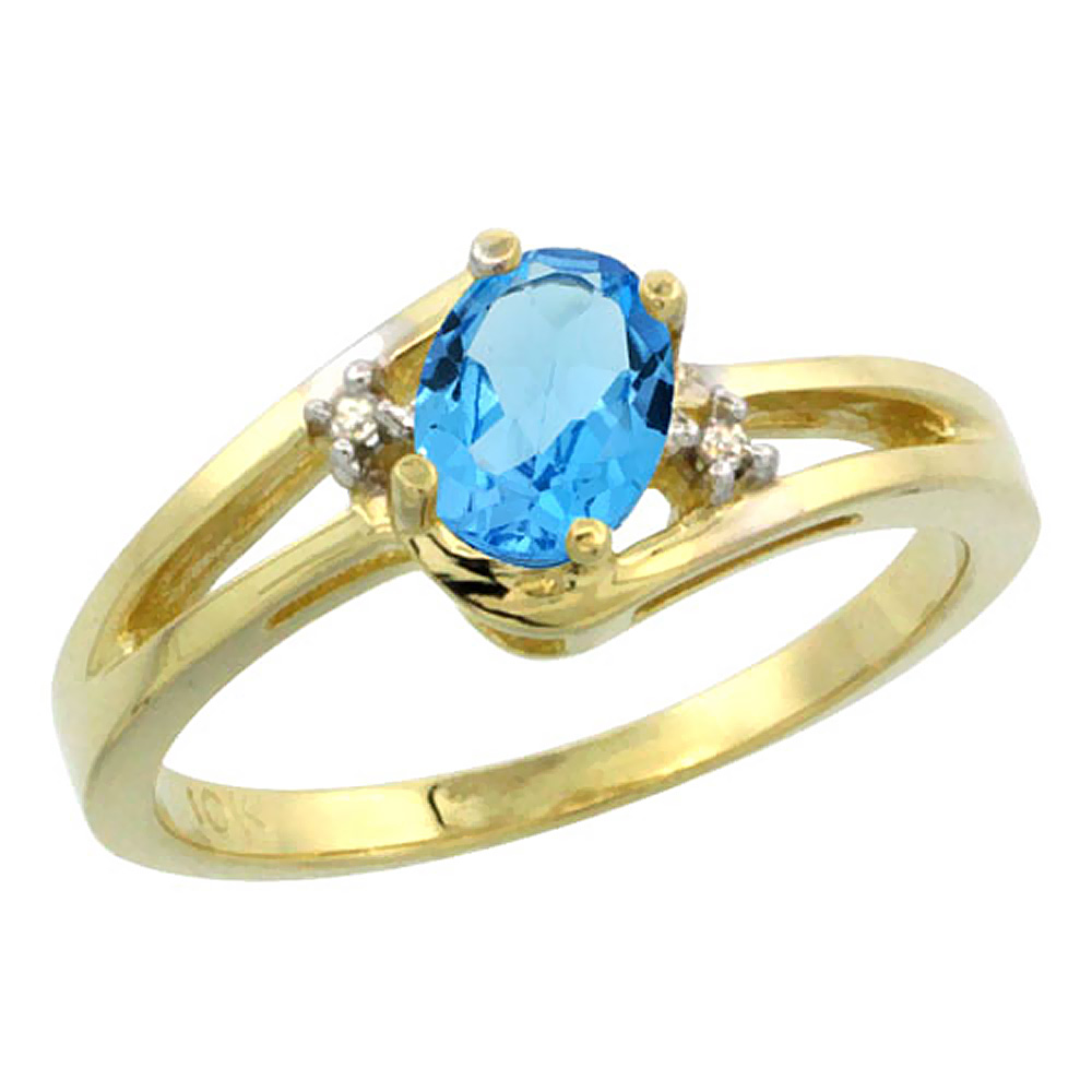 10K Yellow Gold Diamond Natural Swiss Blue Topaz Ring Oval 6x4 mm, sizes 5-10