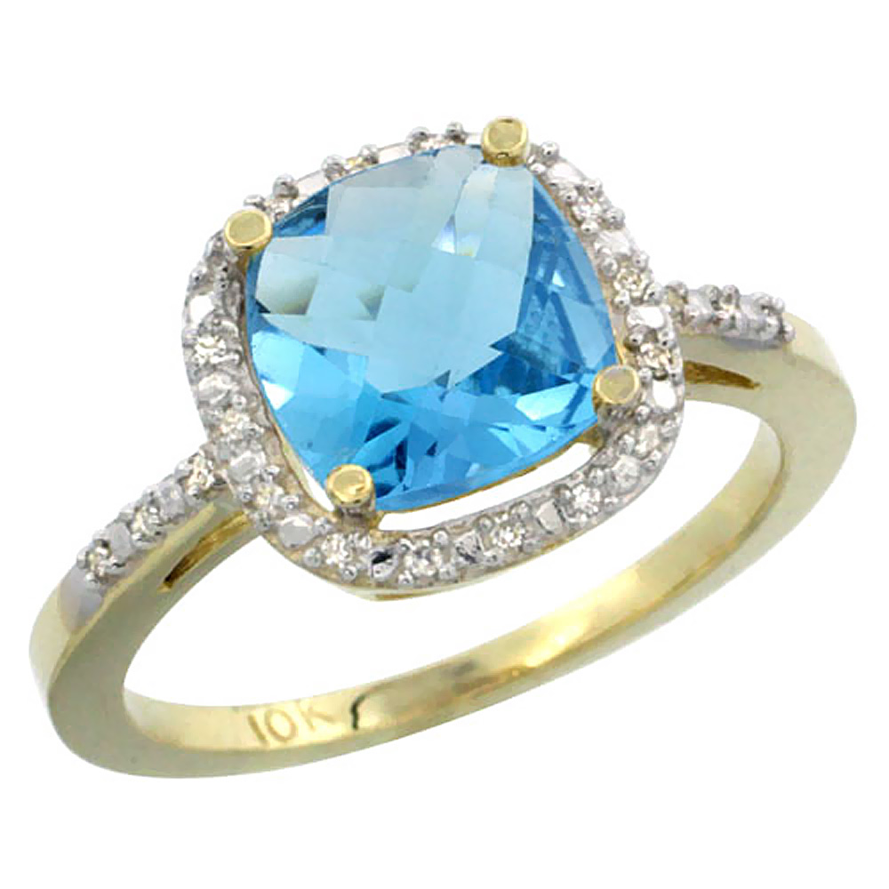 10K Yellow Gold Natural Swiss Blue Topaz Ring Cushion-cut 8x8mm Diamond Accent, sizes 5-10