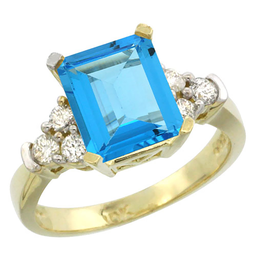 10K Yellow Gold Natural Swiss Blue Topaz Ring Octagon 9x7mm Diamond Accent, sizes 5-10