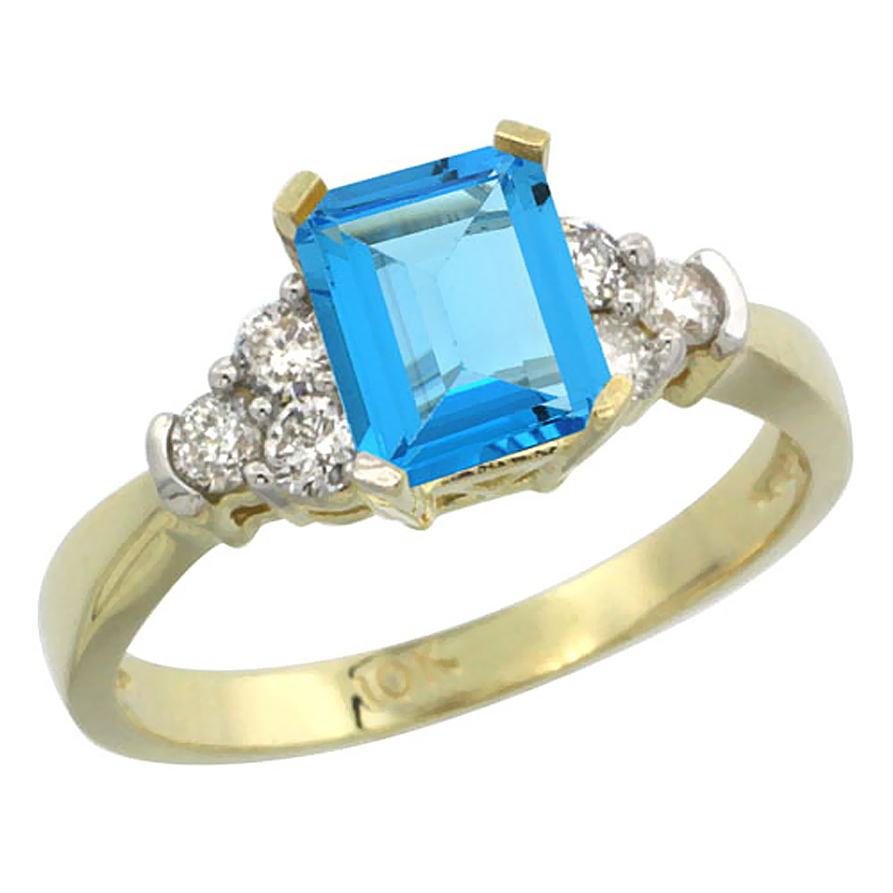 10K Yellow Gold Natural Swiss Blue Topaz Ring Octagon 7x5mm Diamond Accent, sizes 5-10