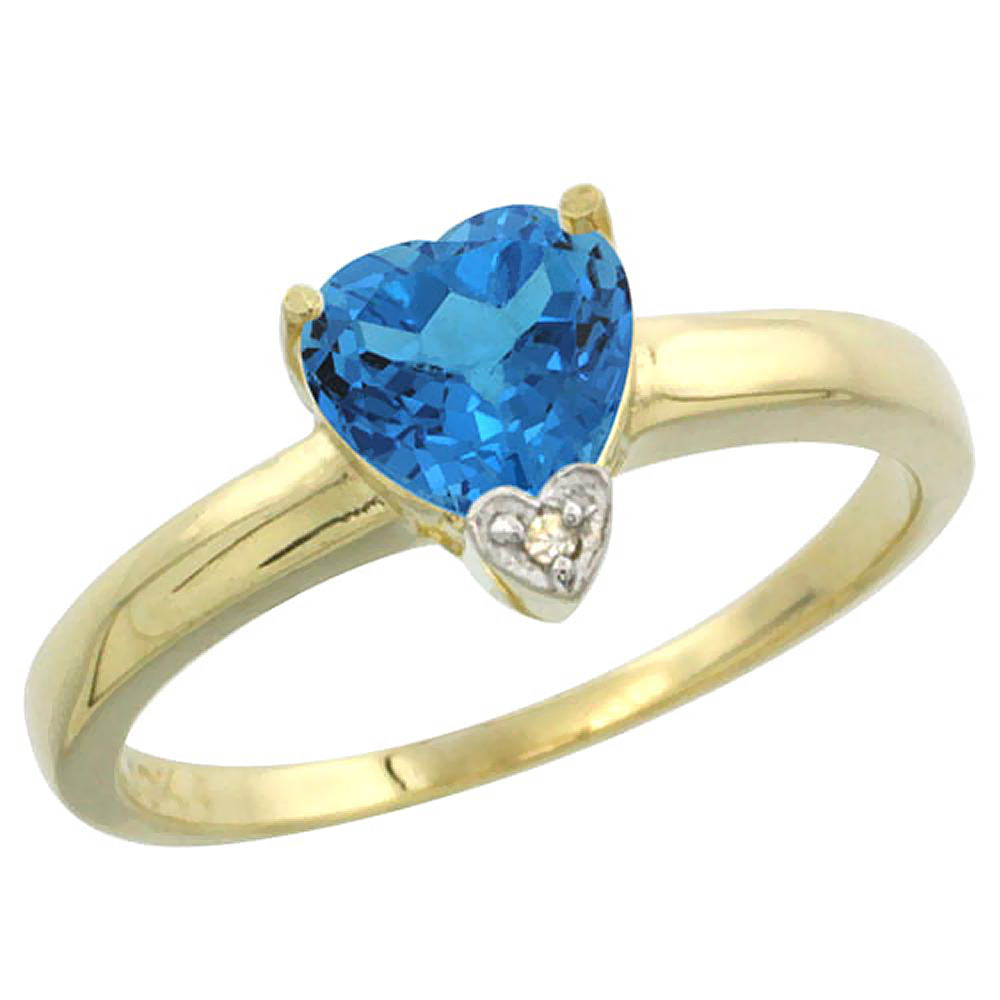 10K Yellow Gold Natural Swiss Blue Topaz Heart 7x7mm Diamond Accent, sizes 5-10