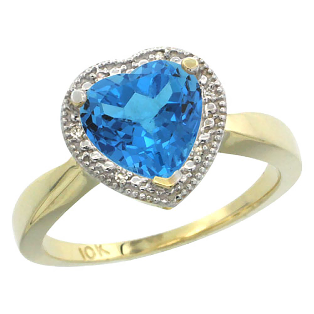 10K Yellow Gold Natural Swiss Blue Topaz Ring Heart 8x8mm Diamond Accent, sizes 5-10