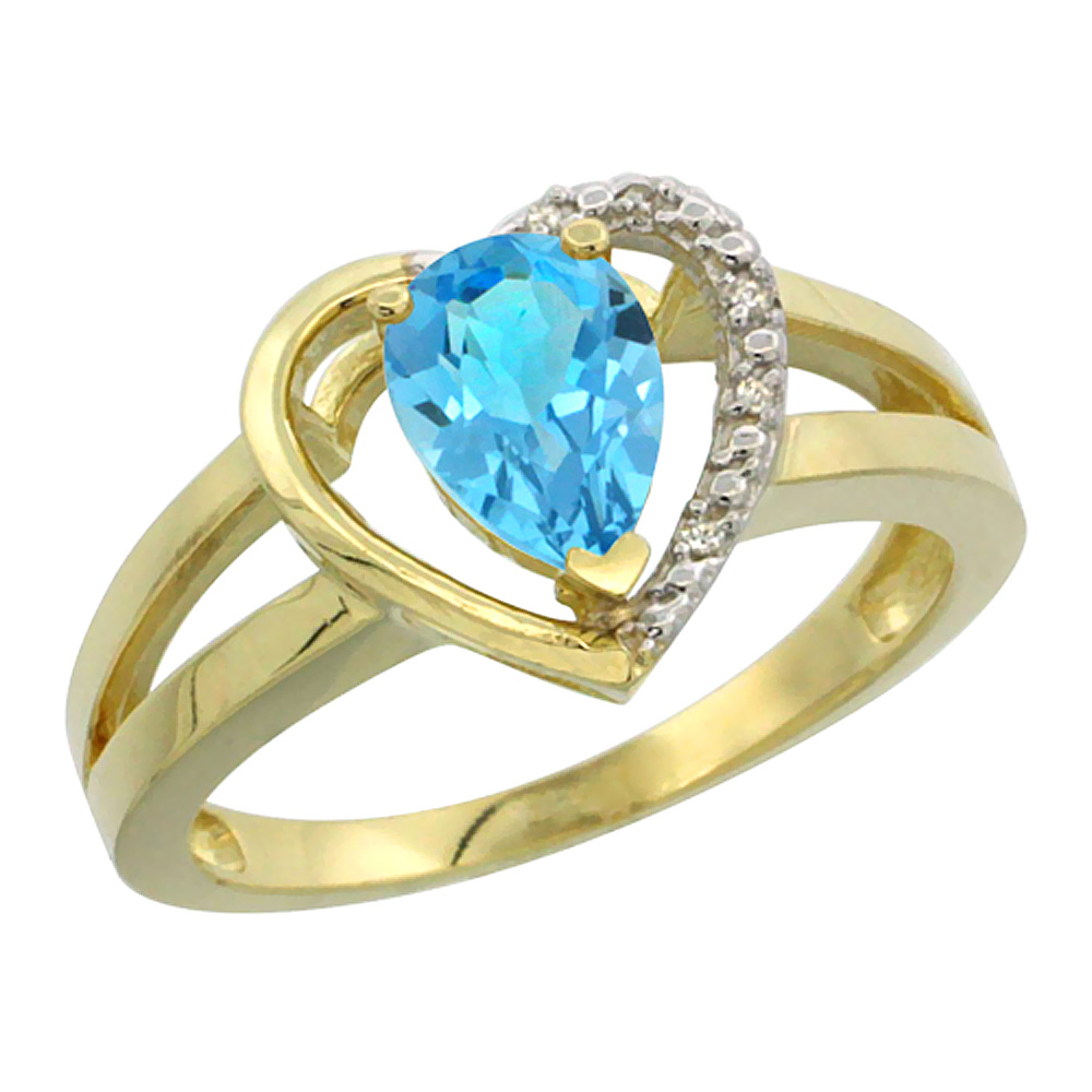 10K Yellow Gold Natural Swiss Blue Topaz Heart Ring Pear 7x5 mm Diamond Accent, sizes 5-10