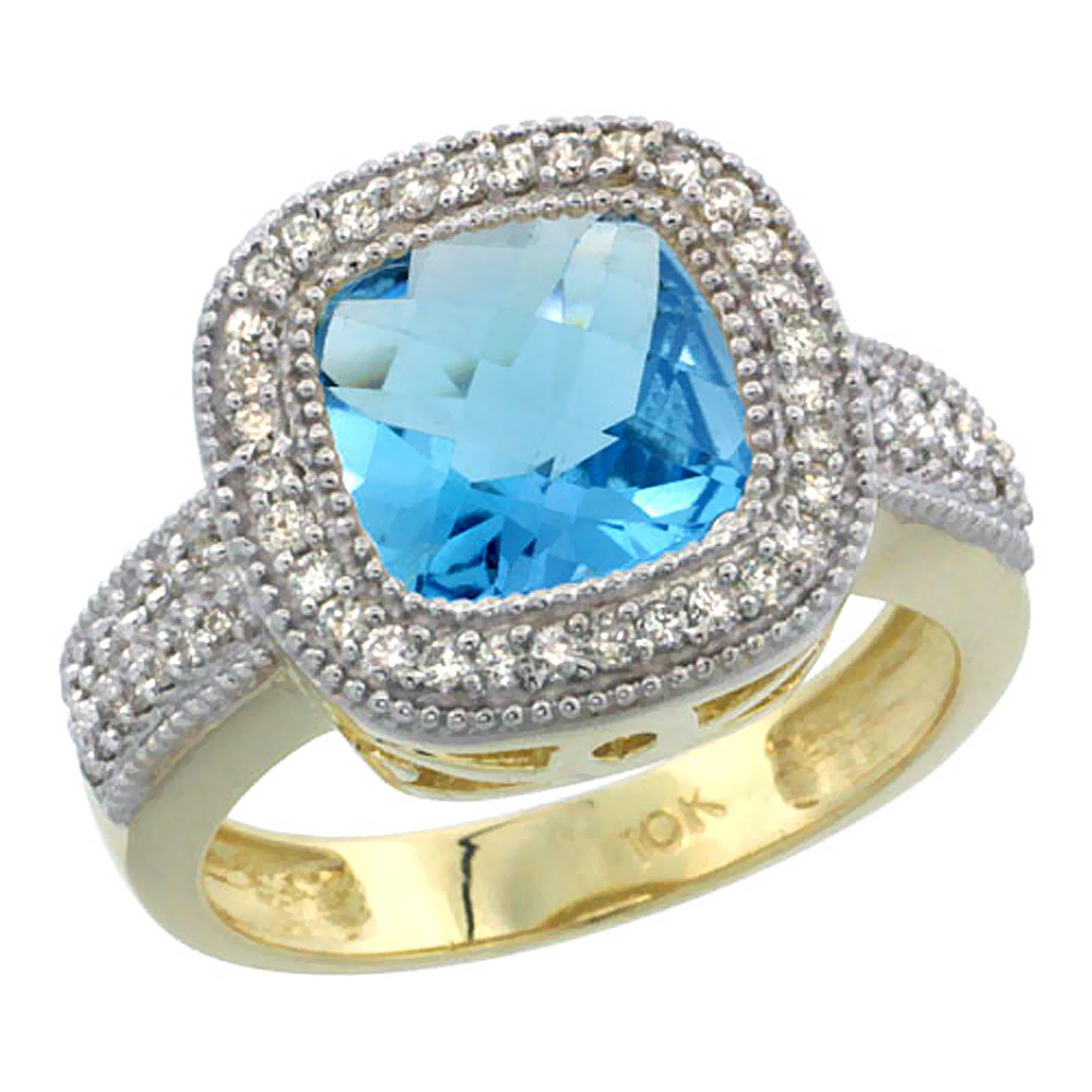 10K Yellow Gold Natural Swiss Blue Topaz Ring Cushion-cut 9x9mm Diamond Accent, sizes 5-10