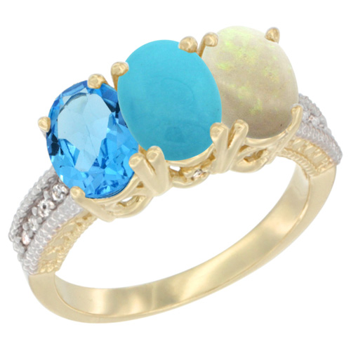 10K Yellow Gold Diamond Natural Swiss Blue Topaz, Turquoise & Opal Ring 3-Stone Oval 7x5 mm, sizes 5 - 10