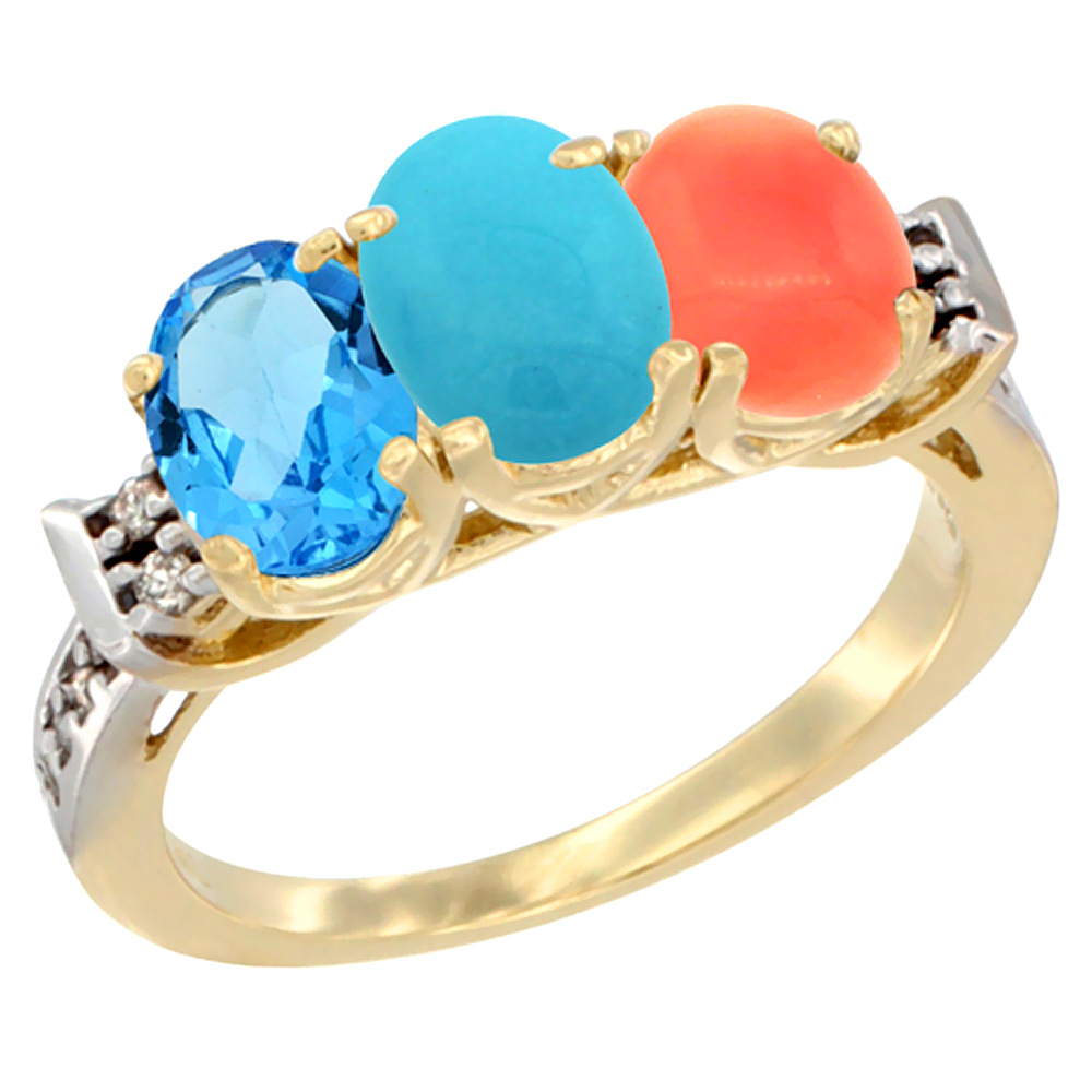 10K Yellow Gold Natural Swiss Blue Topaz, Turquoise & Coral Ring 3-Stone Oval 7x5 mm Diamond Accent, sizes 5 - 10