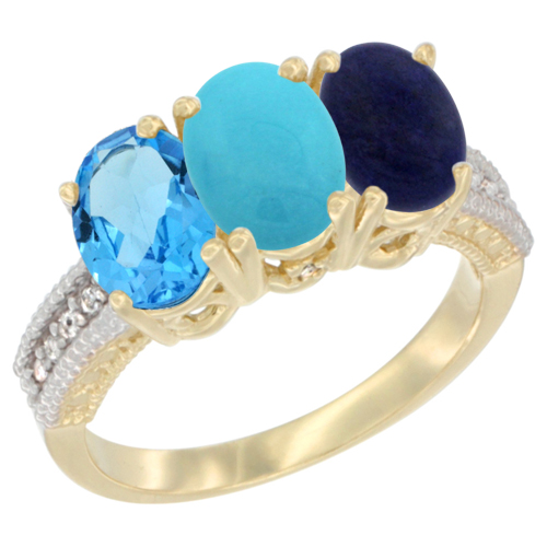 10K Yellow Gold Diamond Natural Swiss Blue Topaz, Turquoise & Lapis Ring 3-Stone Oval 7x5 mm, sizes 5 - 10