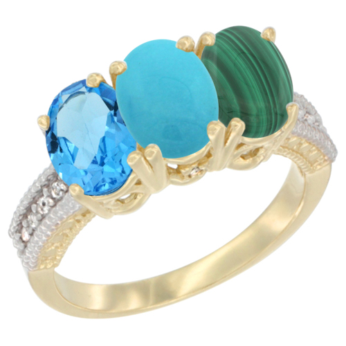 10K Yellow Gold Diamond Natural Swiss Blue Topaz, Turquoise & Malachite Ring 3-Stone Oval 7x5 mm, sizes 5 - 10