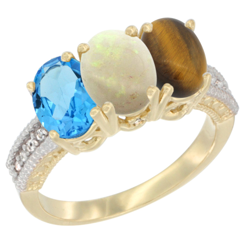 14K Yellow Gold Natural Swiss Blue Topaz, Opal & Tiger Eye Ring 3-Stone 7x5 mm Oval Diamond Accent, sizes 5 - 10