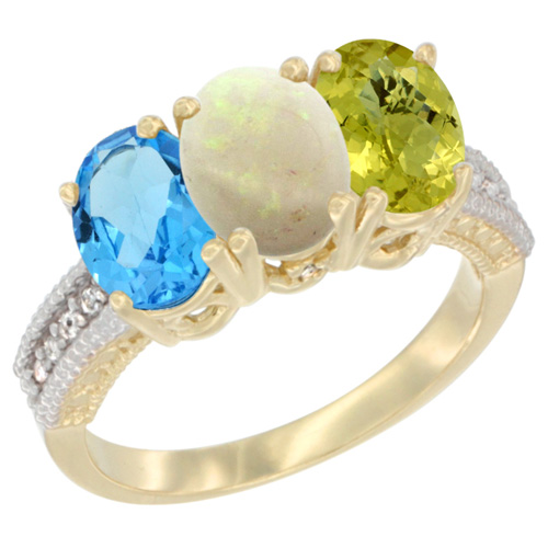 14K Yellow Gold Natural Swiss Blue Topaz, Opal & Lemon Quartz Ring 3-Stone 7x5 mm Oval Diamond Accent, sizes 5 - 10