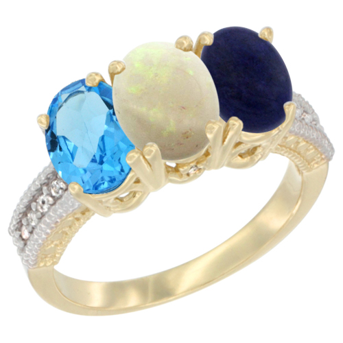 14K Yellow Gold Natural Swiss Blue Topaz, Opal & Lapis Ring 3-Stone 7x5 mm Oval Diamond Accent, sizes 5 - 10