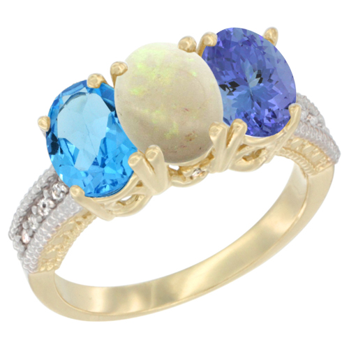 14K Yellow Gold Natural Swiss Blue Topaz, Opal & Tanzanite Ring 3-Stone 7x5 mm Oval Diamond Accent, sizes 5 - 10