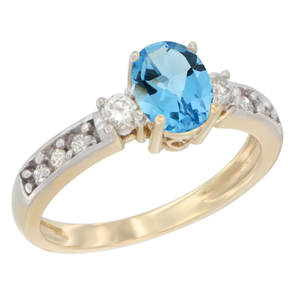 10k Yellow Gold Natural Swiss Blue Topaz Ring Oval 7x5 mm Diamond Accent, sizes 5 - 10
