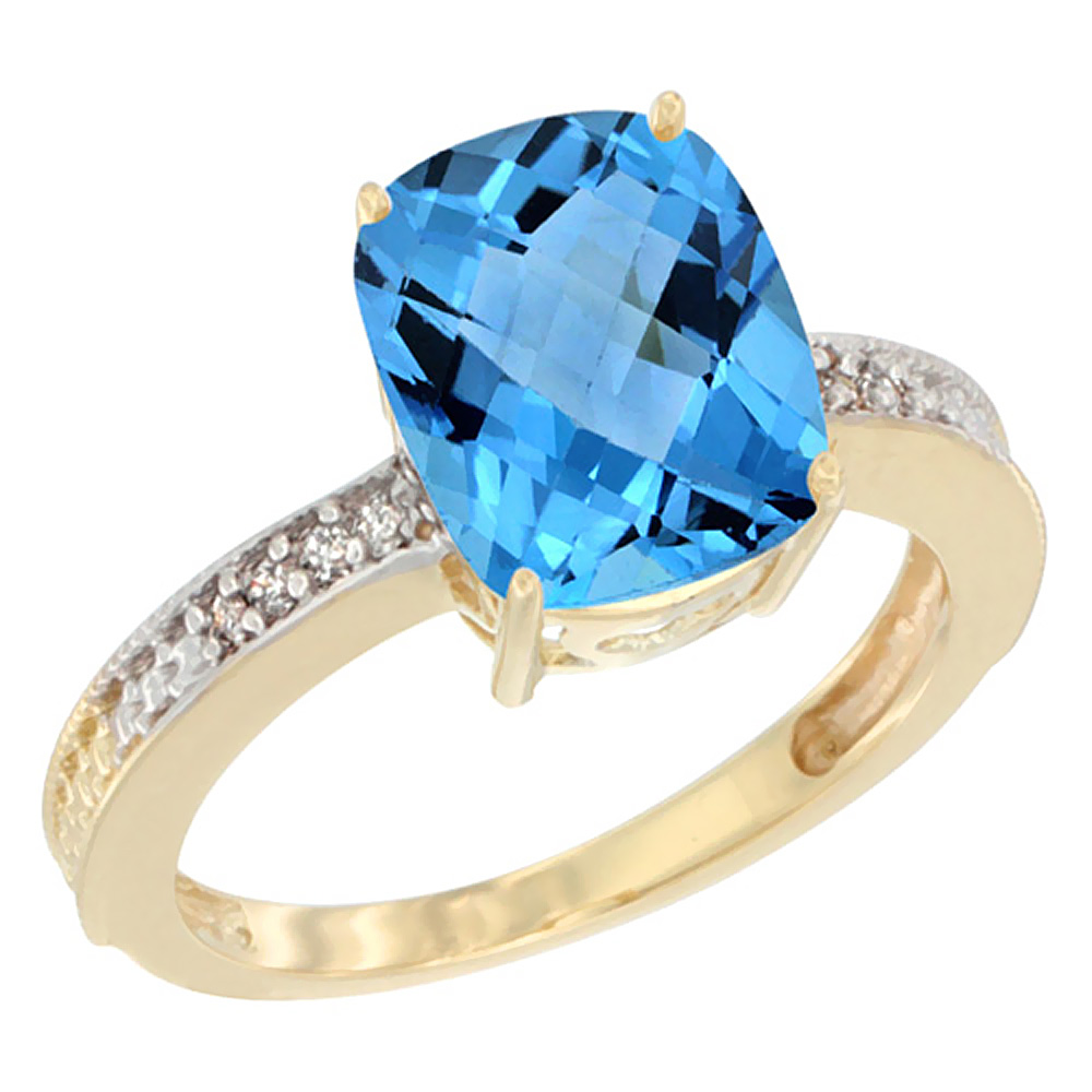10K Yellow Gold Diamond Cushion 10x8 mm Natural Swiss Blue Topaz Stone Ring, sizes 5 - 10