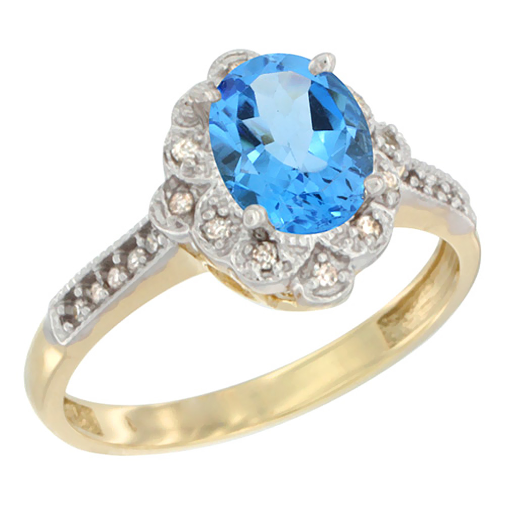 10K Yellow Gold Natural Swiss Blue Topaz Ring Oval 8x6 mm Floral Diamond Halo, sizes 5 - 10