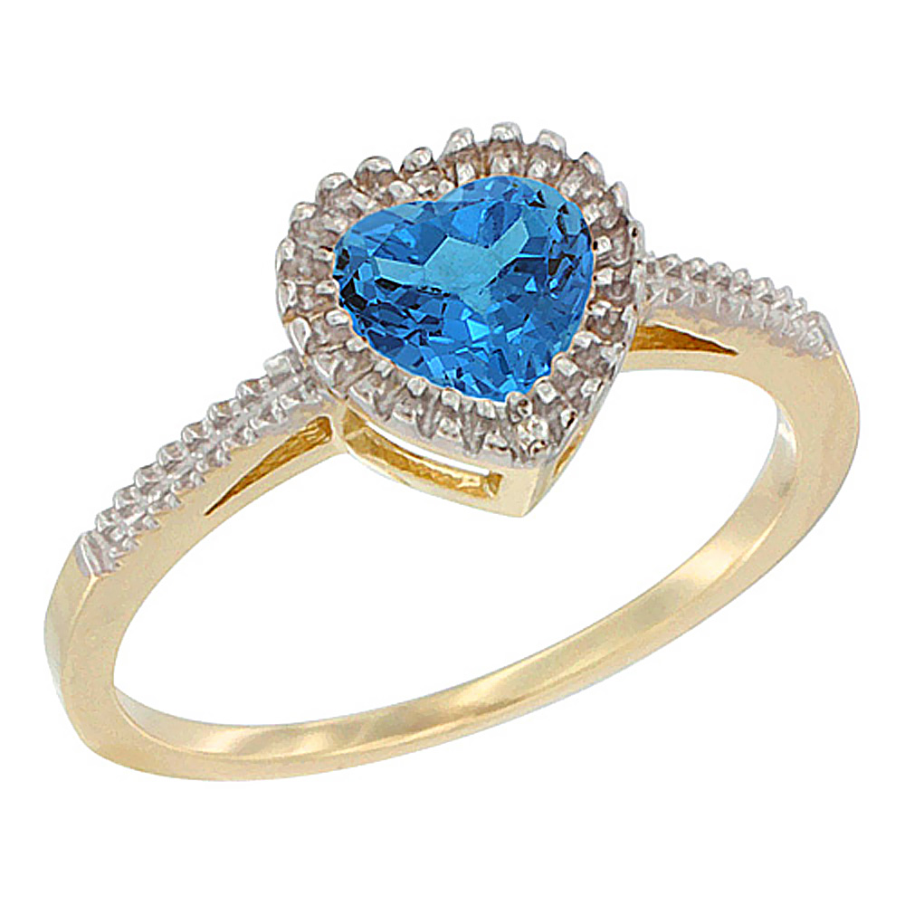 10K Yellow Gold Natural Swiss Blue Topaz Ring Heart 6x6 mm, sizes 5 - 10