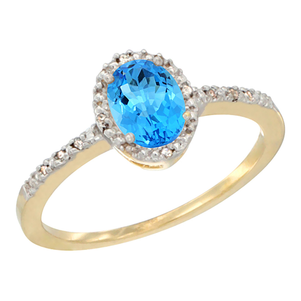 10K Yellow Gold Diamond Natural Swiss Blue Topaz Engagement Ring Oval 7x5 mm, sizes 5 - 10