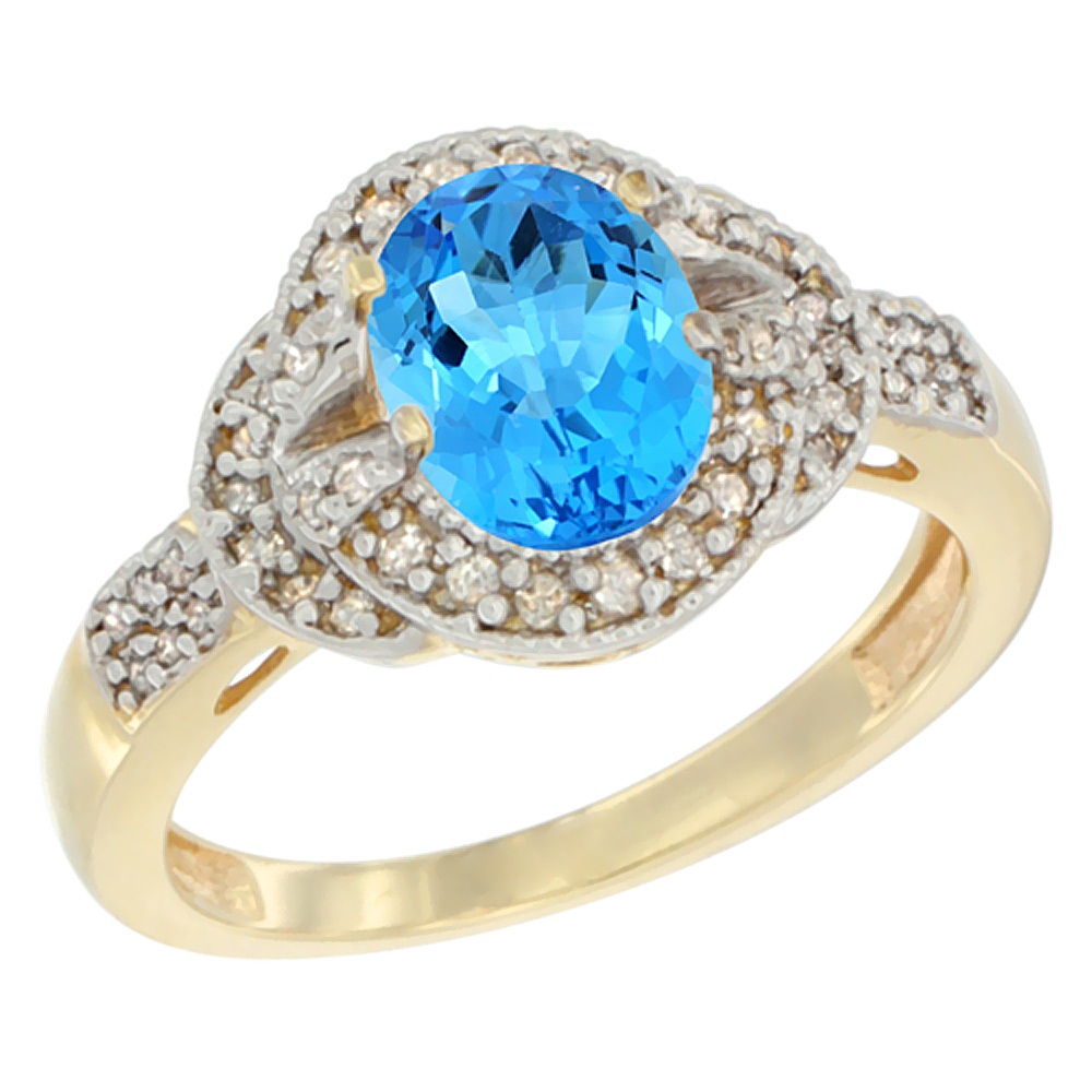 10K Yellow Gold Natural Swiss Blue Topaz Ring Oval 8x6 mm Diamond Accent, sizes 5 - 10