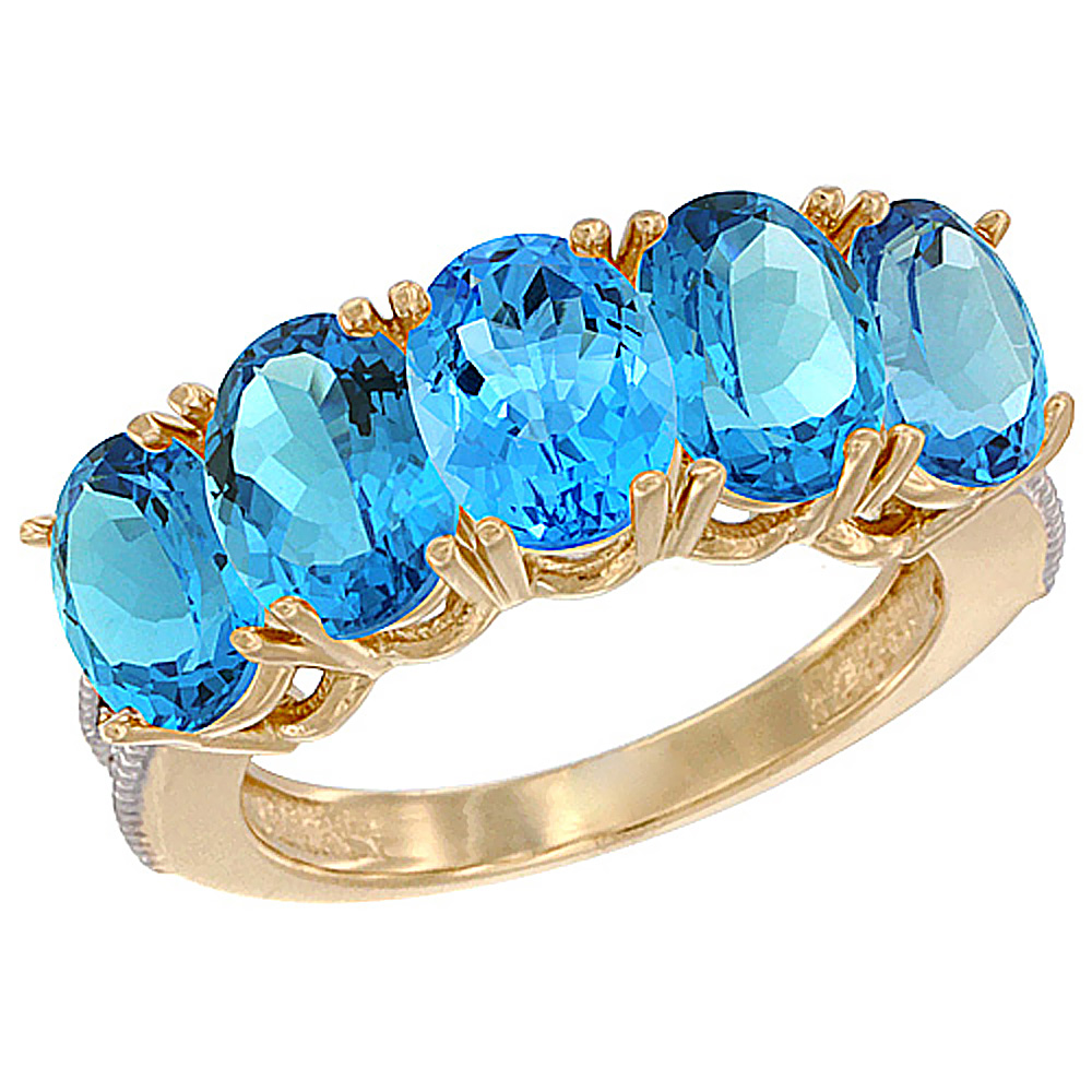 10k Yellow Gold Genuine Blue Topaz 5-Stone Ring Oval 7x5mm Diamond Accent Mothers Ring 1 ct sizes 5 to 10