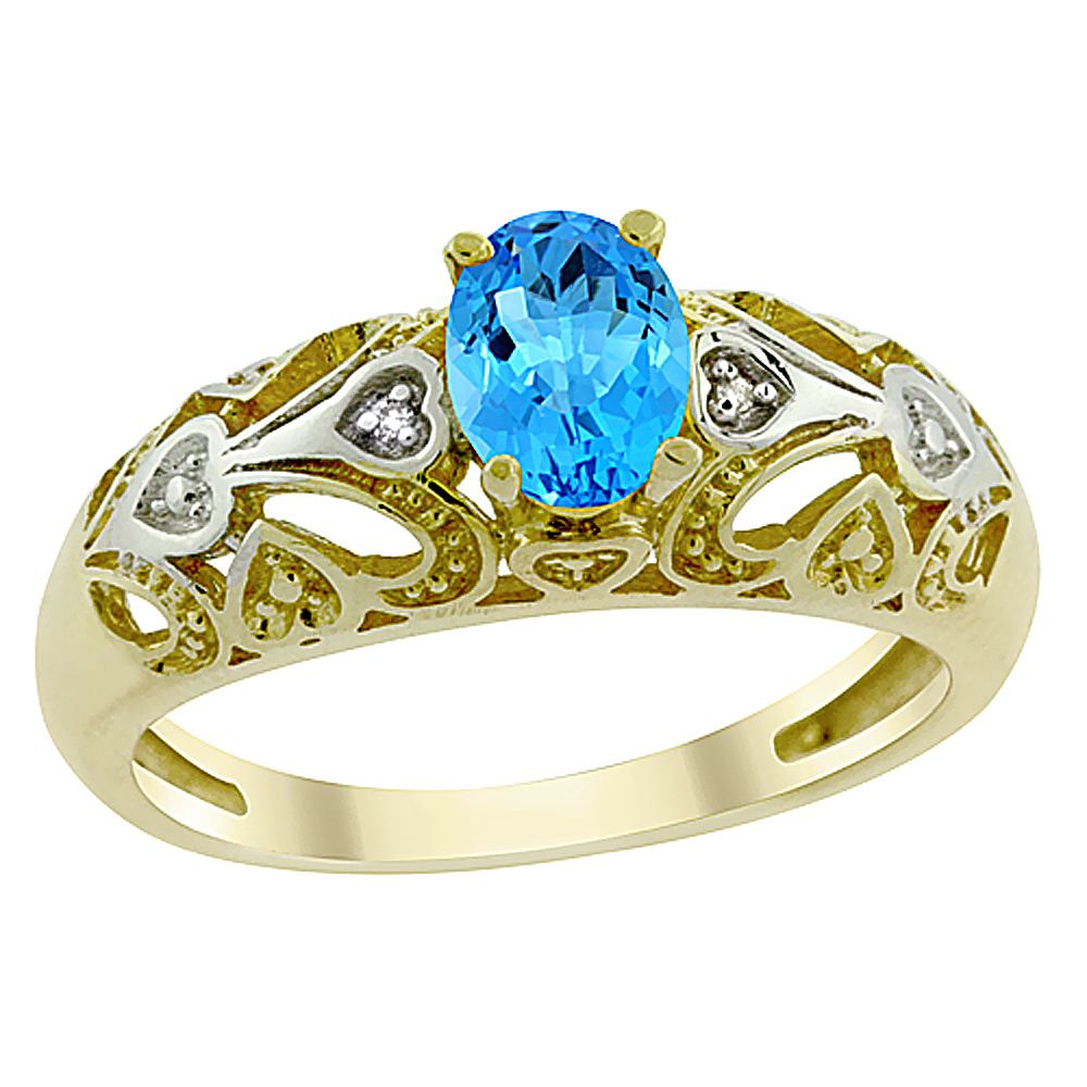 10K Yellow Gold Genuine Blue Topaz Ring Oval 6x4 mm Diamond Accent sizes 5 - 10