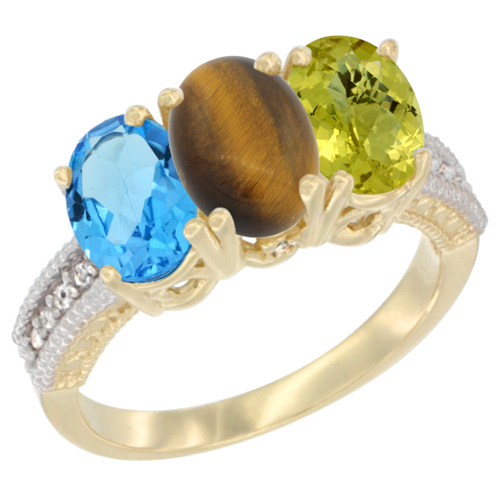 10K Yellow Gold Diamond Natural Swiss Blue Topaz, Tiger Eye & Lemon Quartz Ring 3-Stone Oval 7x5 mm, sizes 5 - 10