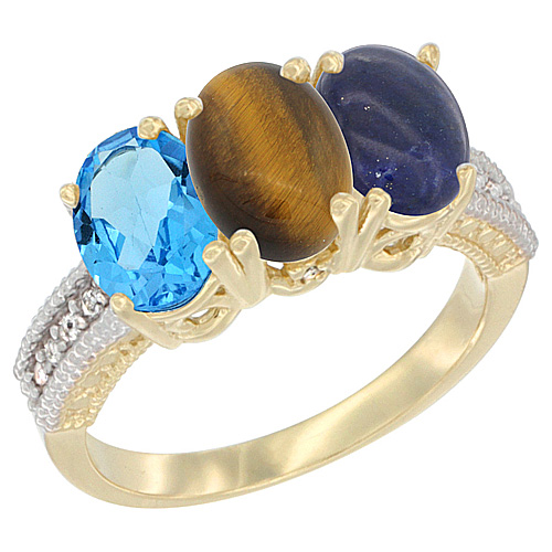 10K Yellow Gold Diamond Natural Swiss Blue Topaz, Tiger Eye & Lapis Ring 3-Stone Oval 7x5 mm, sizes 5 - 10