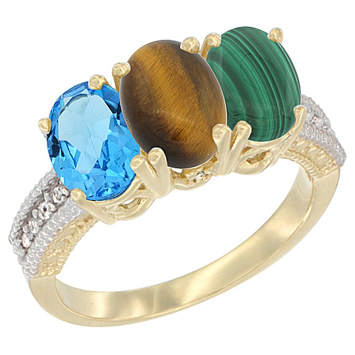 10K Yellow Gold Diamond Natural Swiss Blue Topaz, Tiger Eye & Malachite Ring 3-Stone Oval 7x5 mm, sizes 5 - 10