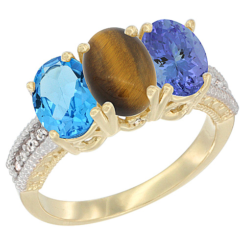 10K Yellow Gold Diamond Natural Swiss Blue Topaz, Tiger Eye & Tanzanite Ring 3-Stone Oval 7x5 mm, sizes 5 - 10