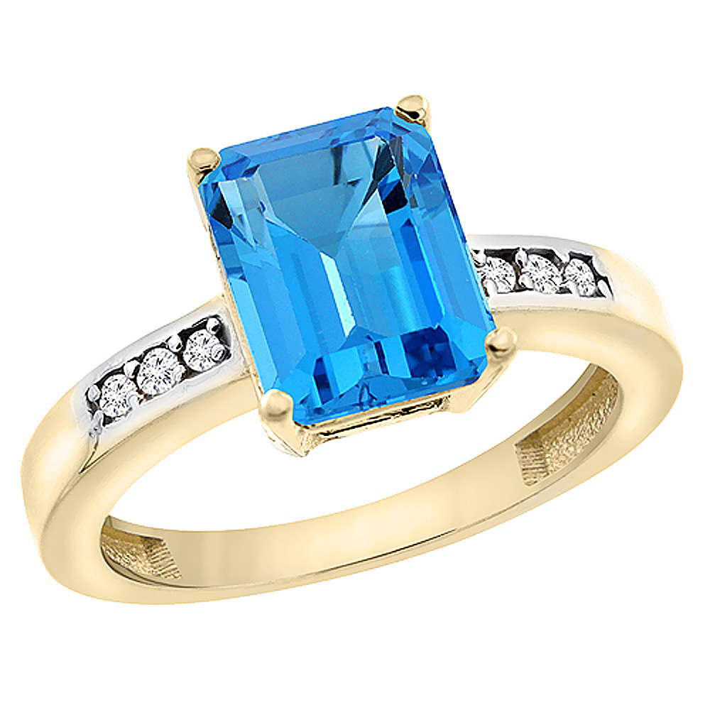 10K Yellow Gold Natural Swiss Blue Topaz Octagon 9x7 mm with Diamond Accents, sizes 5 - 10