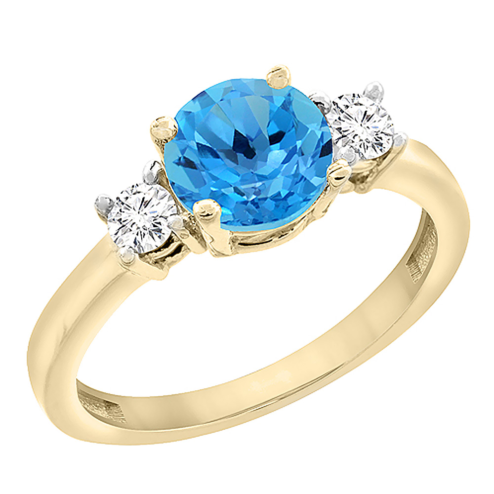10K Yellow Gold Diamond Natural Swiss Blue Topaz Engagement Ring Round 7mm, sizes 5to10 w/ half size