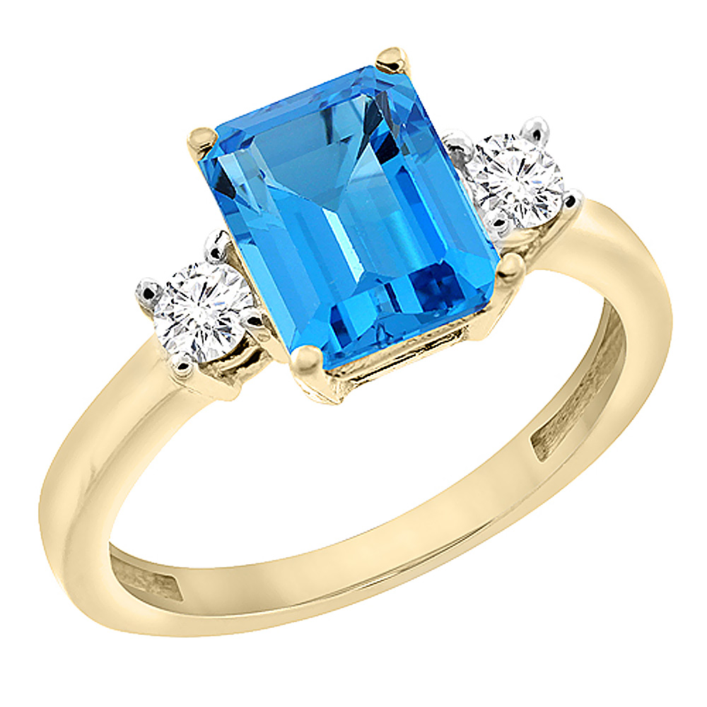 10K Yellow Gold Natural Swiss Blue Topaz Ring Octagon 8x6 mm with Diamond Accents, sizes 5 - 10
