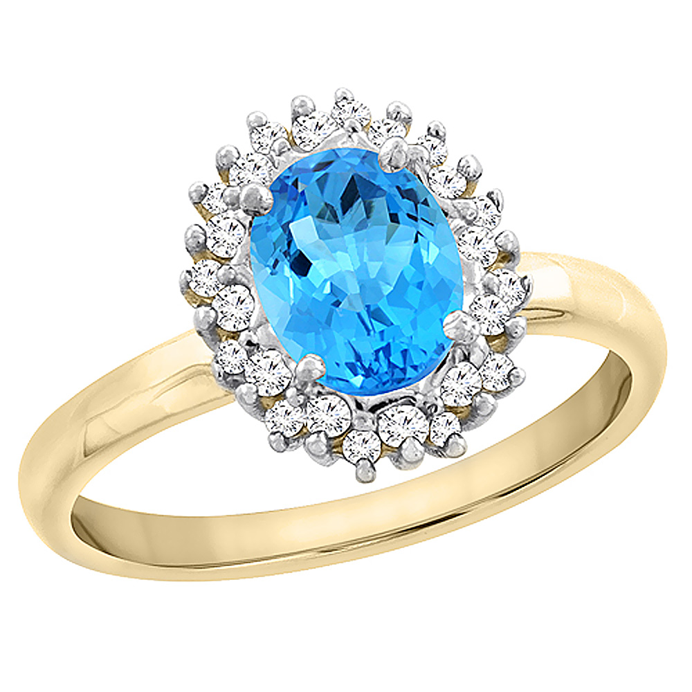 14K Yellow Gold Diamond Natural Swiss Blue Topaz Engagement Ring Oval 7x5mm, sizes 5 - 10