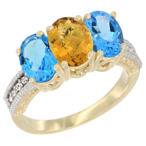 14K Yellow Gold Natural Whisky Quartz & Swiss Blue Topaz Sides Ring 3-Stone 7x5 mm Oval Diamond Accent, sizes 5 - 10