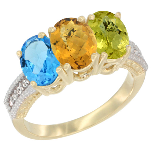 14K Yellow Gold Natural Swiss Blue Topaz, Whisky Quartz & Lemon Quartz Ring 3-Stone 7x5 mm Oval Diamond Accent, sizes 5 - 10