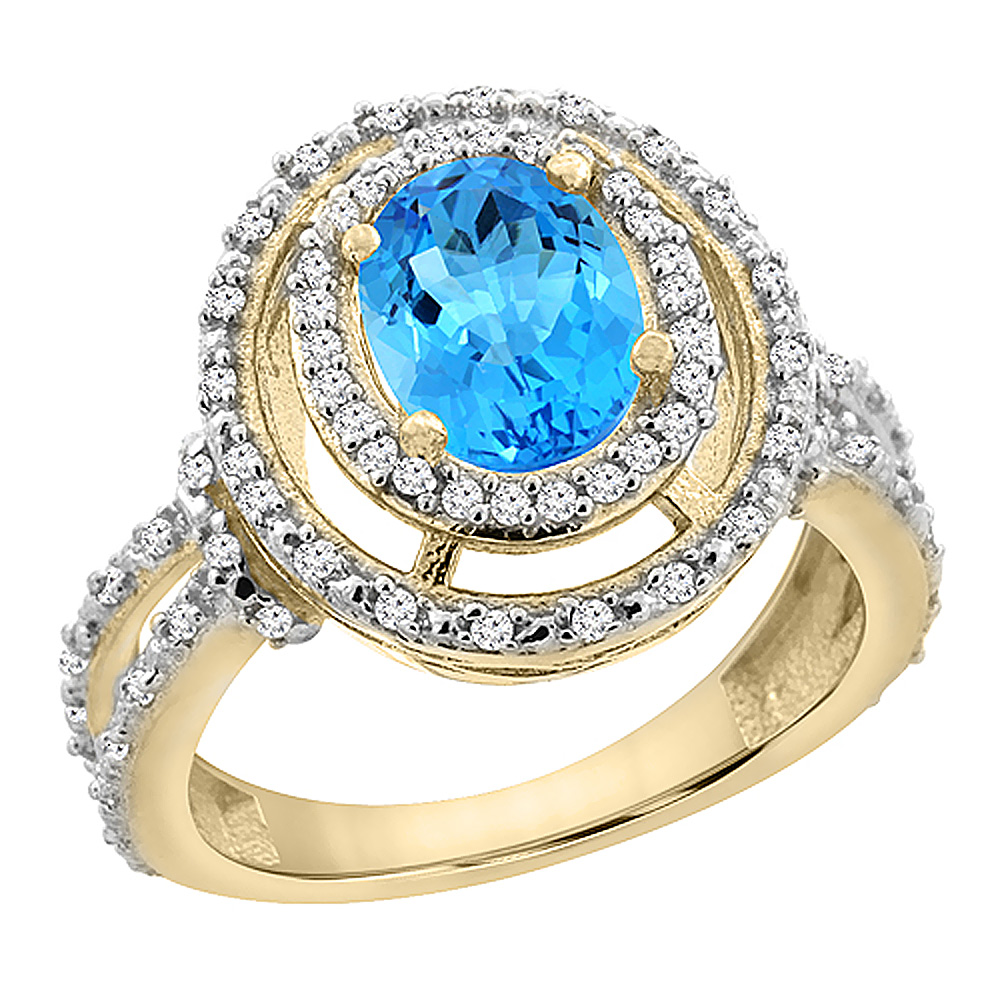 10K Yellow Gold Natural Swiss Blue Topaz Ring Oval 8x6 mm Double Halo Diamond, sizes 5 - 10