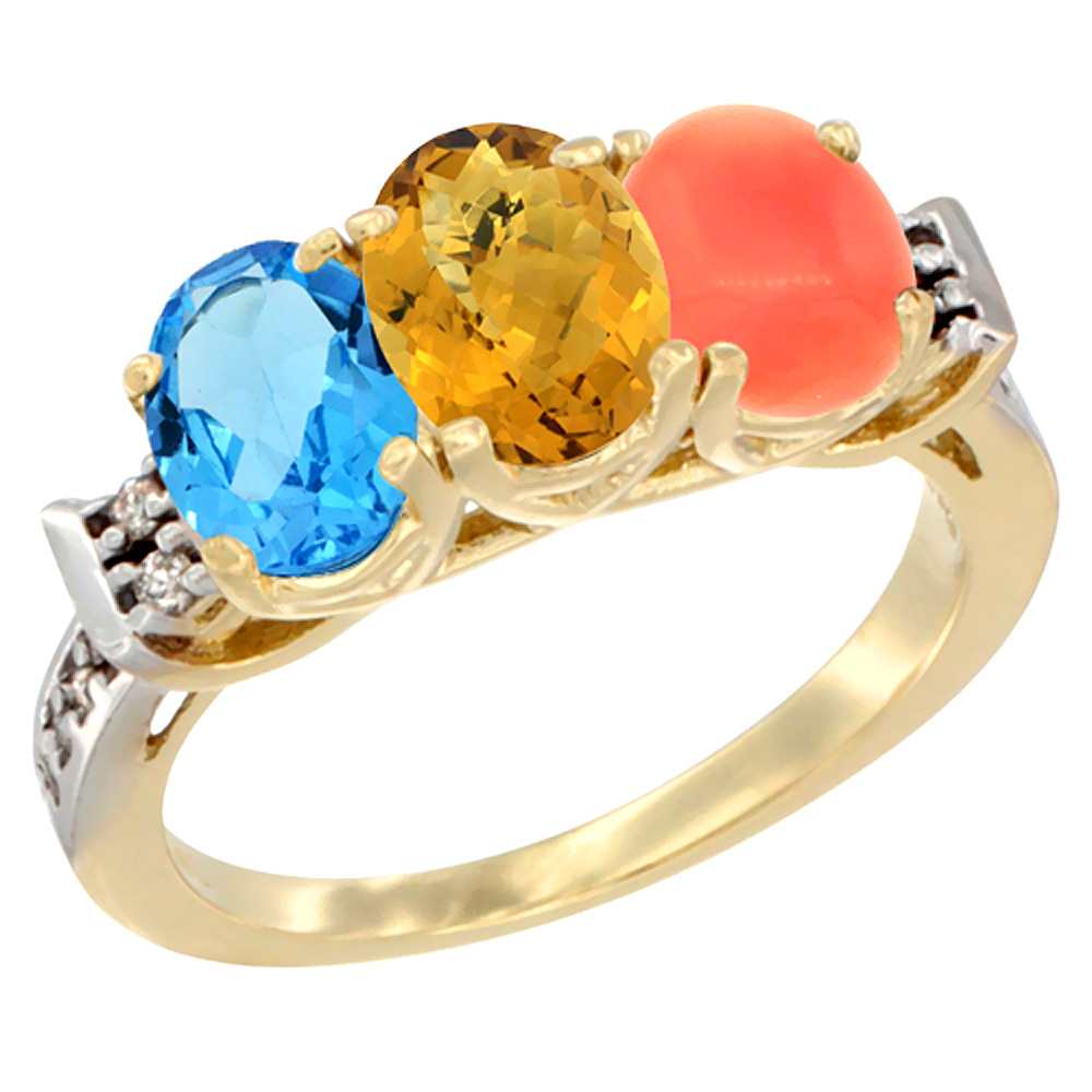 14K Yellow Gold Natural Swiss Blue Topaz, Whisky Quartz & Coral Ring 3-Stone 7x5 mm Oval Diamond Accent, sizes 5 - 10