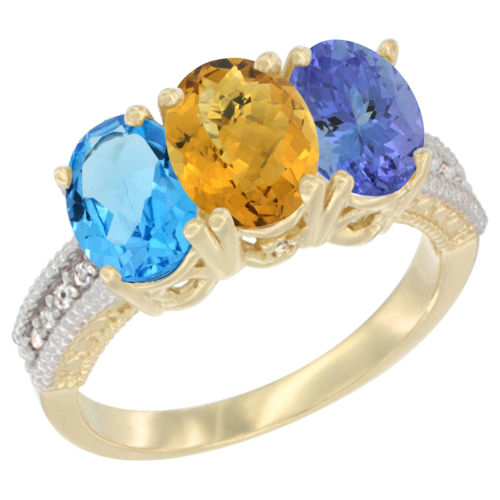 10K Yellow Gold Diamond Natural Swiss Blue Topaz, Whisky Quartz & Tanzanite Ring 3-Stone Oval 7x5 mm, sizes 5 - 10