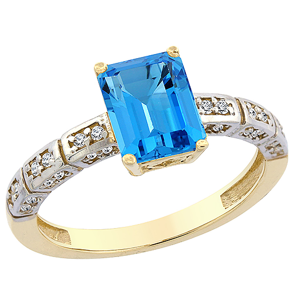 10K Yellow Gold Natural Swiss Blue Topaz Octagon 8x6 mm with Diamond Accents, sizes 5 - 10