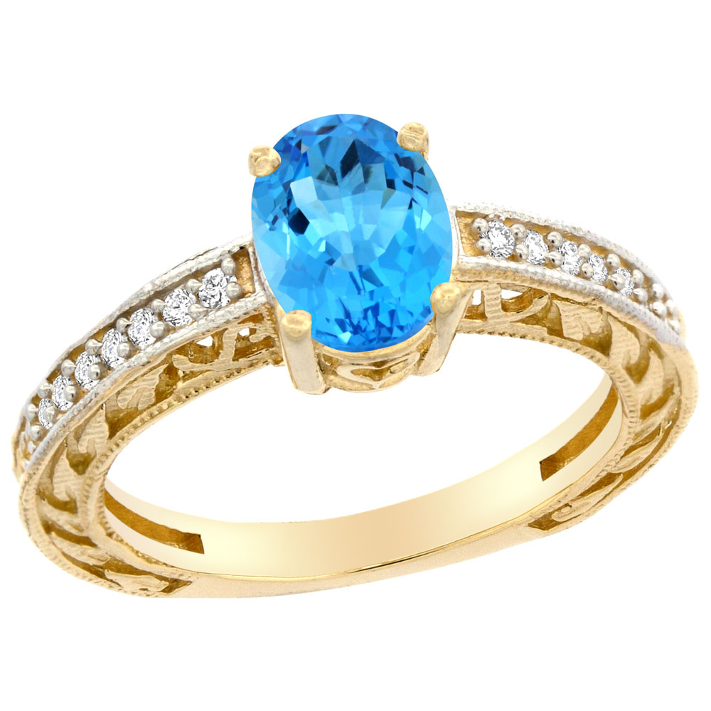 10K Gold Natural Swiss Blue Topaz Ring Oval 8x6 mm Diamond Accents, sizes 5 - 10