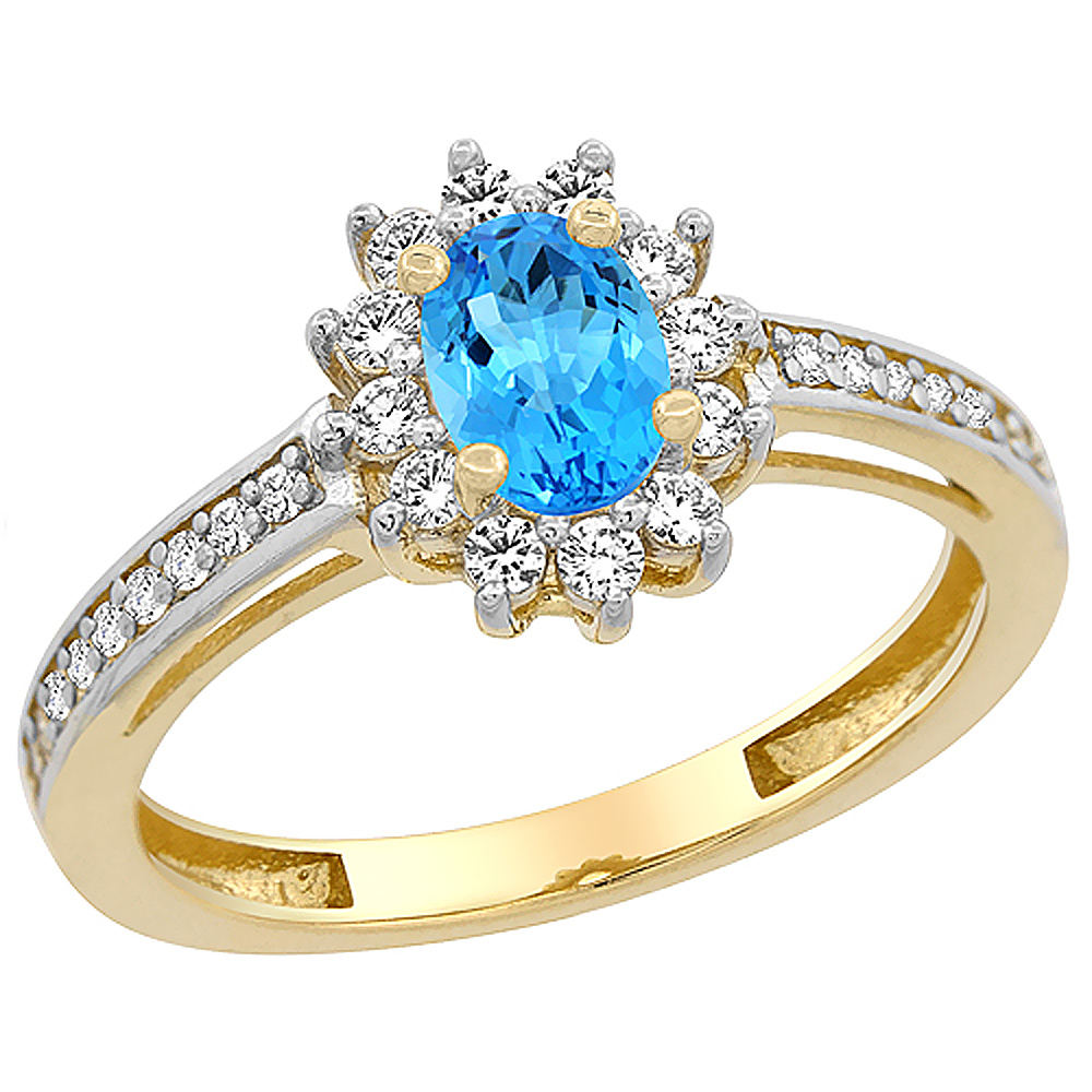 10K Yellow Gold Natural Swiss Blue Topaz Flower Halo Ring Oval 6x4 mm Diamond Accents, sizes 5 - 10