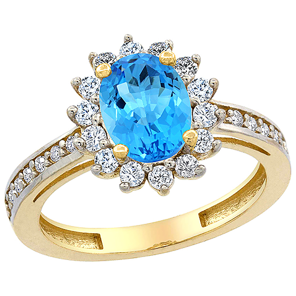 10K Yellow Gold Natural Swiss Blue Topaz Floral Halo Ring Oval 8x6mm Diamond Accents, sizes 5 - 10