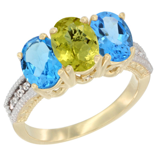 10K Yellow Gold Diamond Natural Lemon Quartz & Swiss Blue Topaz Ring 3-Stone Oval 7x5 mm, sizes 5 - 10